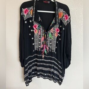Johnny Was Black Blouse with Floral Embroidery
